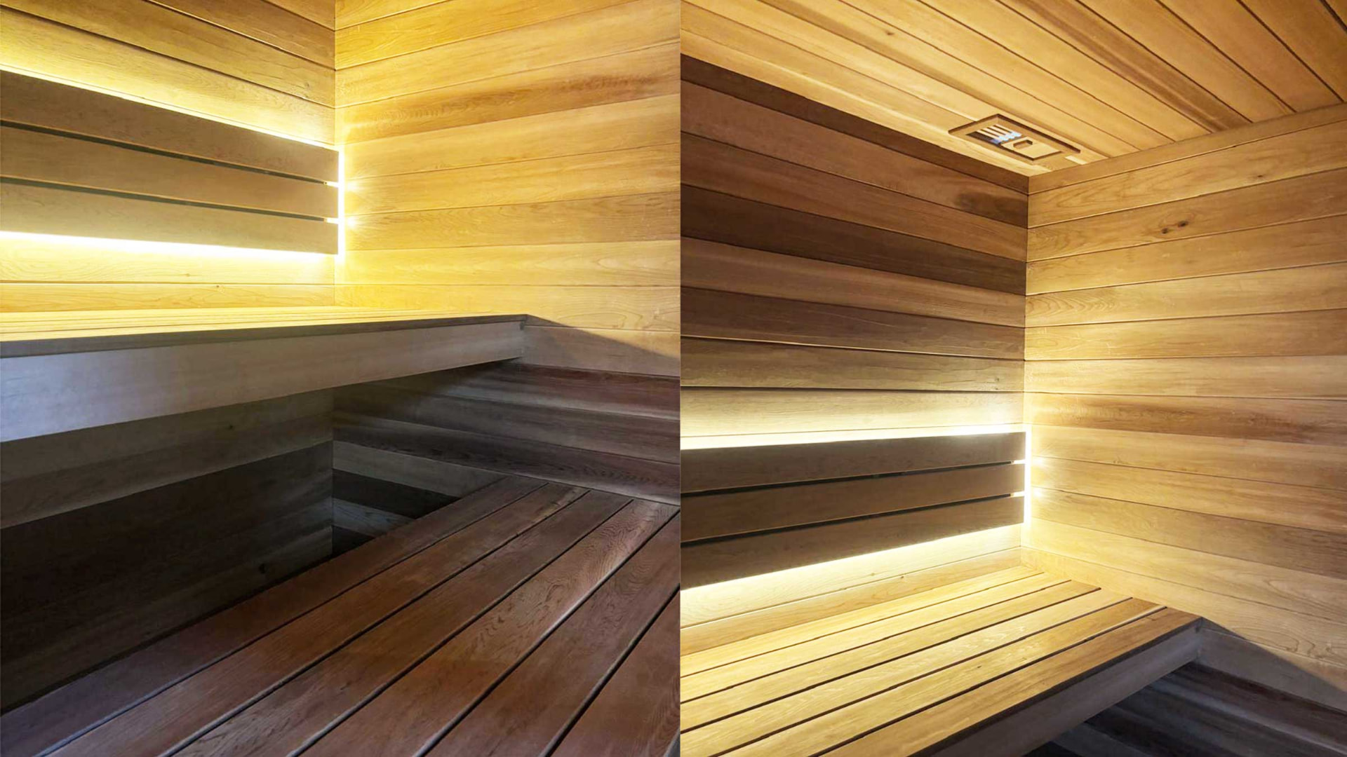 Cedar sauna interior with warm LED lit benches