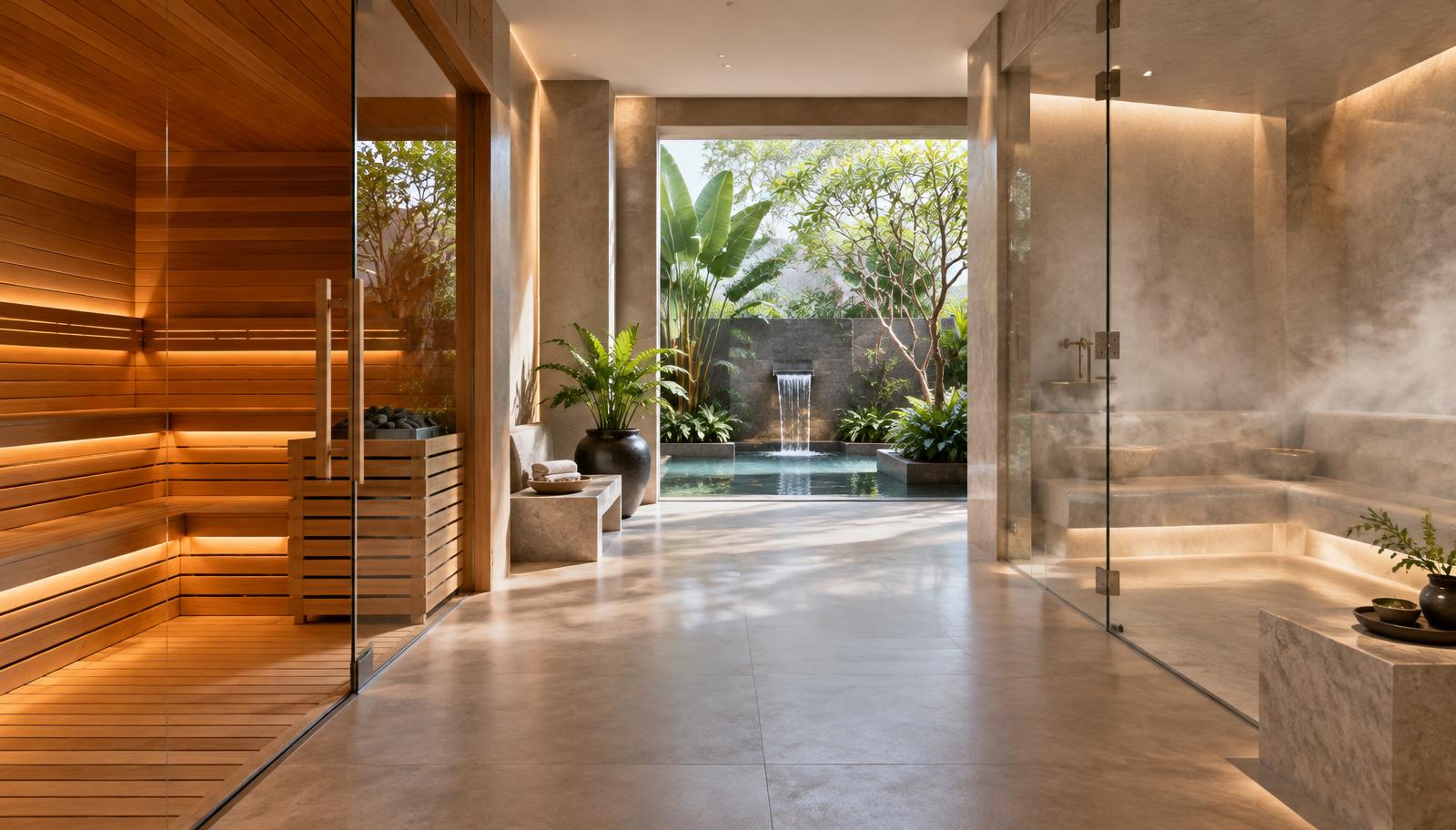 Contemporary glass steam room beside a timber sauna and garden pool